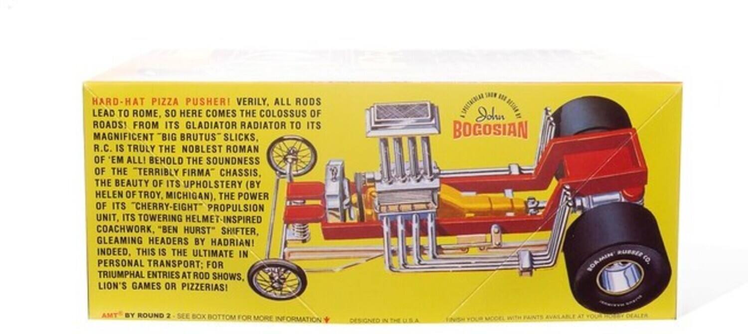 HARD-HAT PIZZA PUSHER! VERILY, ALL RODS LEAD TO ROME, so HERE COMES THE COLOSSUS OF ROADS! FROM ITS GLADIATOR RADIATOR TO ITS MAGNIFICENT "BIG BRUTUS" SLICKS. R.C. IS TRULY THE NOBLEST ROMAN OF 'EM ALL! BEHOLD THE SOUNDNESS OF THE "TERRIBLY FIRMA" CHASSIS, THE BEAUTY OF ITS UPHOLSTERY (BY HELEN OF TROY, MICHIGAN). THE POWER OF ITS "CHERRY-EIGHT" PROPULSION UNIT, ITS TOWERING HELMET-INSPIRED COACHWORK, "BEN HURST" SHIFTER, GLEAMING HEADERS BY HADRIAN! INDEED, THIS IS THE ULTIMATE IN PERSONAL TRANSPORT: FOR TRIUMPHAL ENTRIES AT ROD SHOWS, LION'S GAMES OR PIZZERIAS!

SAINT SPECTACULAR BOGOSIAN RUEBED BOAMIN CO. TMA BY ROUND 2 SEE BOX BOTTOM FOR MORE INFORMATION

DESIGNED IN THE U.S.A. FIN