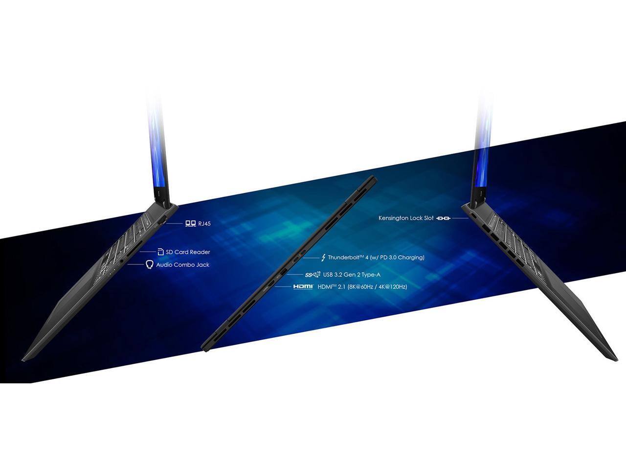 RJ45 Kensington Lock Slot, SD Card Reader, Audio Combo Jack, Thunderbolt 4 (w/ PD 3.0 Charging), USB 3.2 Gen 2 Type-A, HDMI 2.1 (8K@60Hz/4K@120Hz)