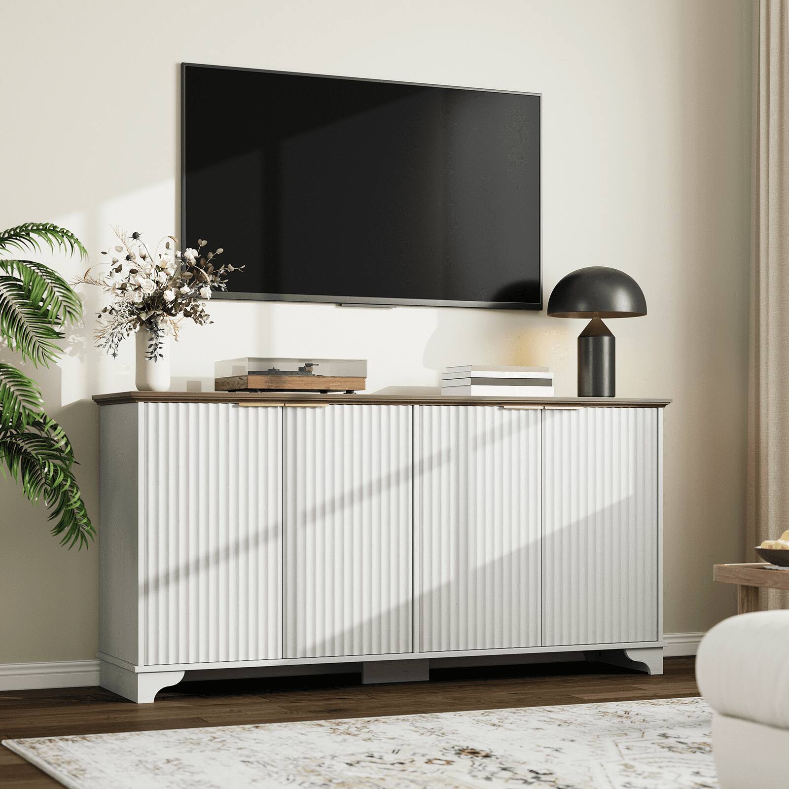 Alt View 4. GARVEE - White 61-Inch Modern Fluted Buffet Cabinet, 4-Door Wooden Sideboard with Adjustable Shelves, Elegant Storage - White.