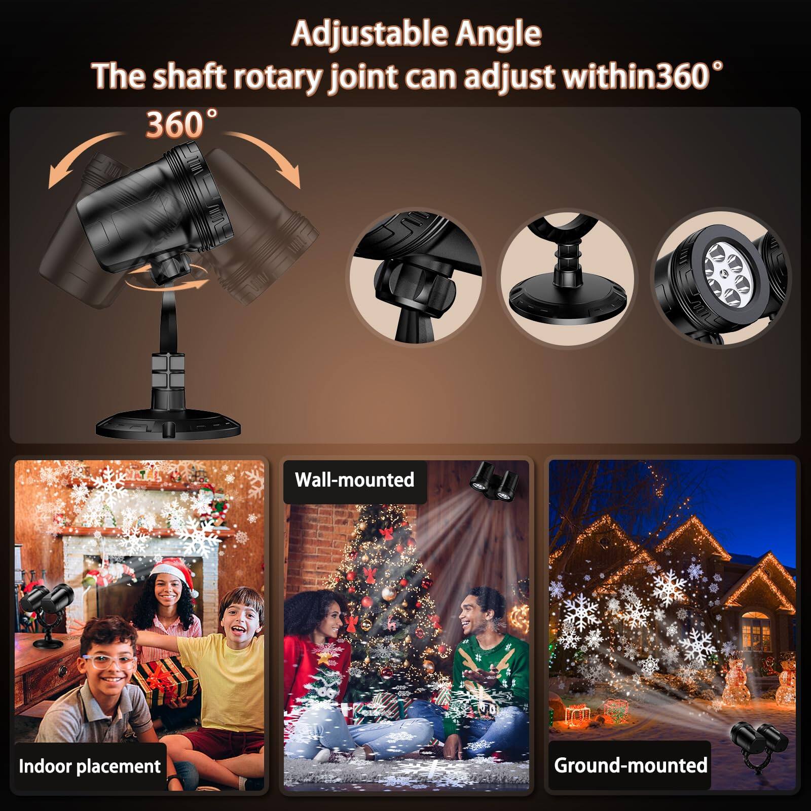 Adjustable Angle  
The shaft rotary joint can adjust within 360°  

Wall-mounted  
Indoor placement  
Ground-mounted