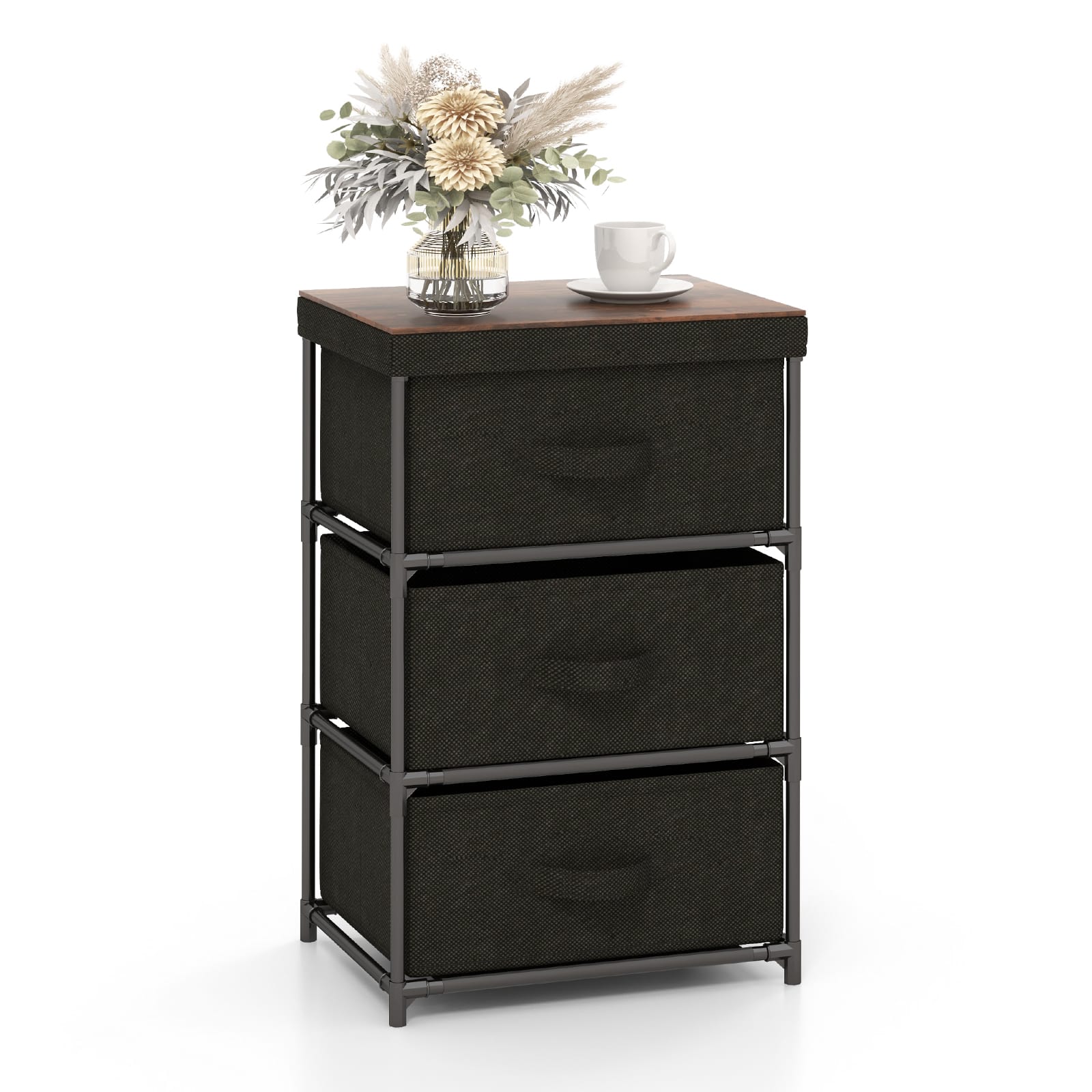 Front. Costway - 3 Drawers Dresser Fabric Storage Tower Organizer Unit Tall Nightstand Side Table - Black/Rustic Brown.