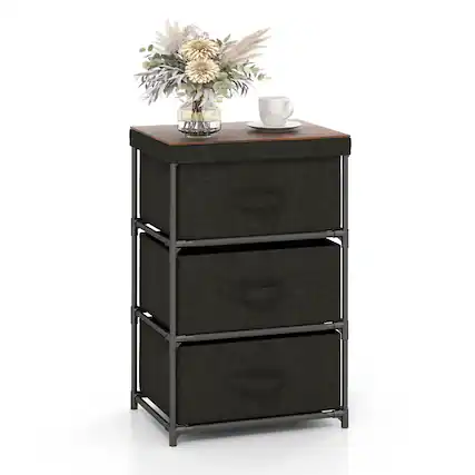 Front. Costway - 3 Drawers Dresser Fabric Storage Tower Organizer Unit Tall Nightstand Side Table - Black/Rustic Brown.