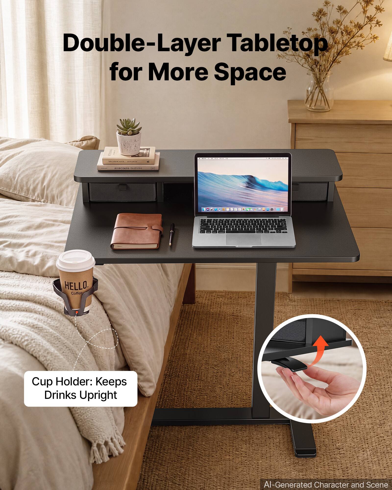 Double-Layer Tabletop for More Space

VEGANCAGES
RIBOINES THESE

HELLO. Coffee Cup Holder: Keeps Drinks Upright

AI-Generated Character and Scene
