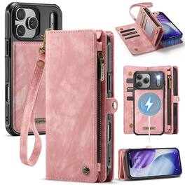 Dteck - Multi-Functional Wallet Case for Apple iPhone 17 Pro Max,Large Card Slots Zipper Magnetic Detachable Cover With Strap - Pink