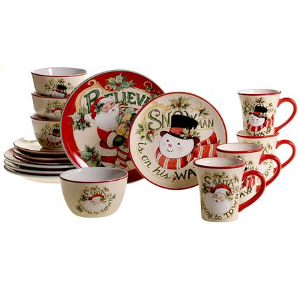 Sure, here is the corrected and grouped text from the image:
**Plate:**
- "BELIEVE IN SANTA"
- "SNOWMAN"
- "on his WAY"
**Mugs:**
- "SANTA CLAUS"
- "coming to TOWN"
**Bowls:**
- "SANTA CLAUS"
- "coming to TOWN"