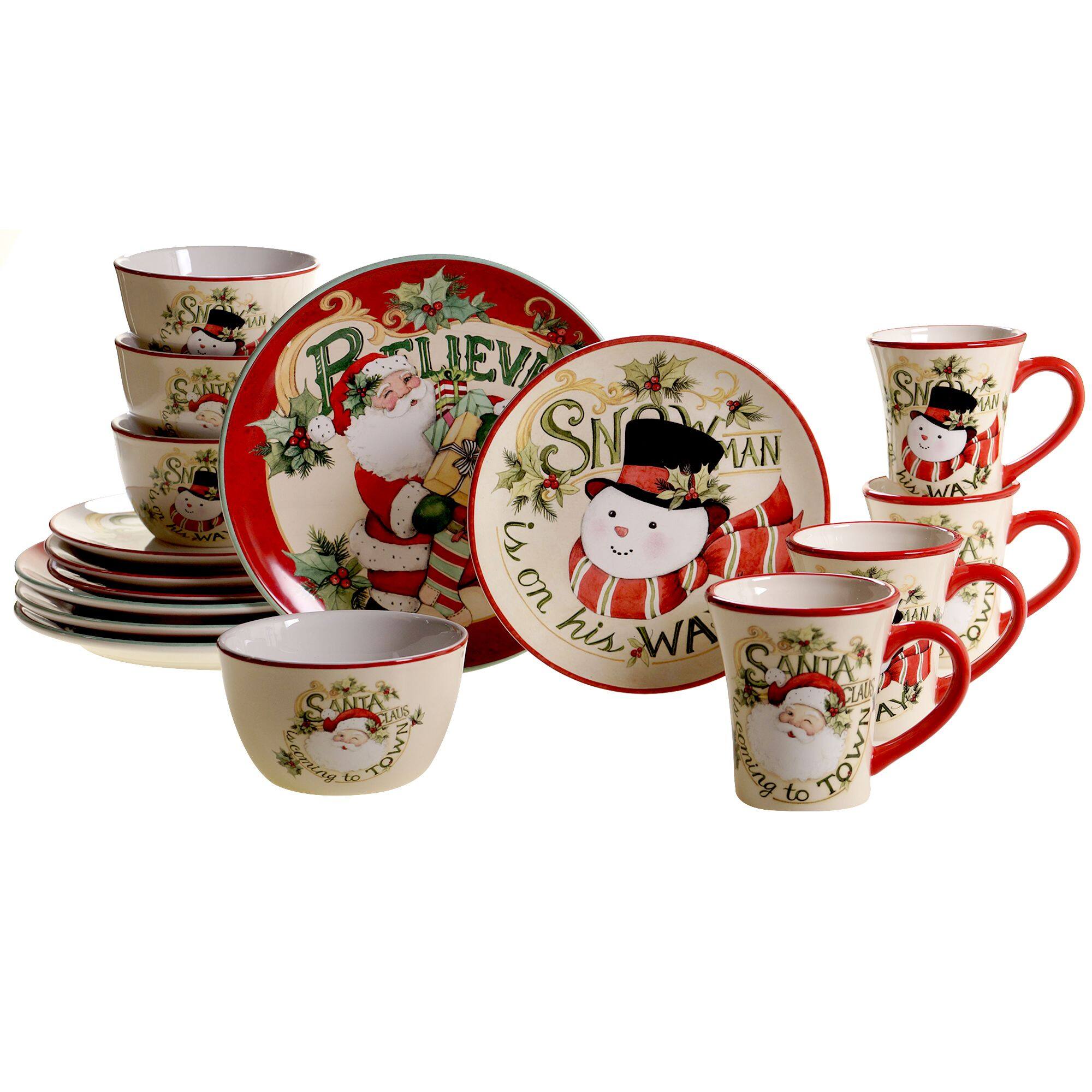 Sure, here is the corrected and grouped text from the image:

**Plate:**
- "BELIEVE IN SANTA"
- "SNOWMAN"
- "on his WAY"

**Mugs:**
- "SANTA CLAUS"
- "coming to TOWN"

**Bowls:**
- "SANTA CLAUS"
- "coming to TOWN"