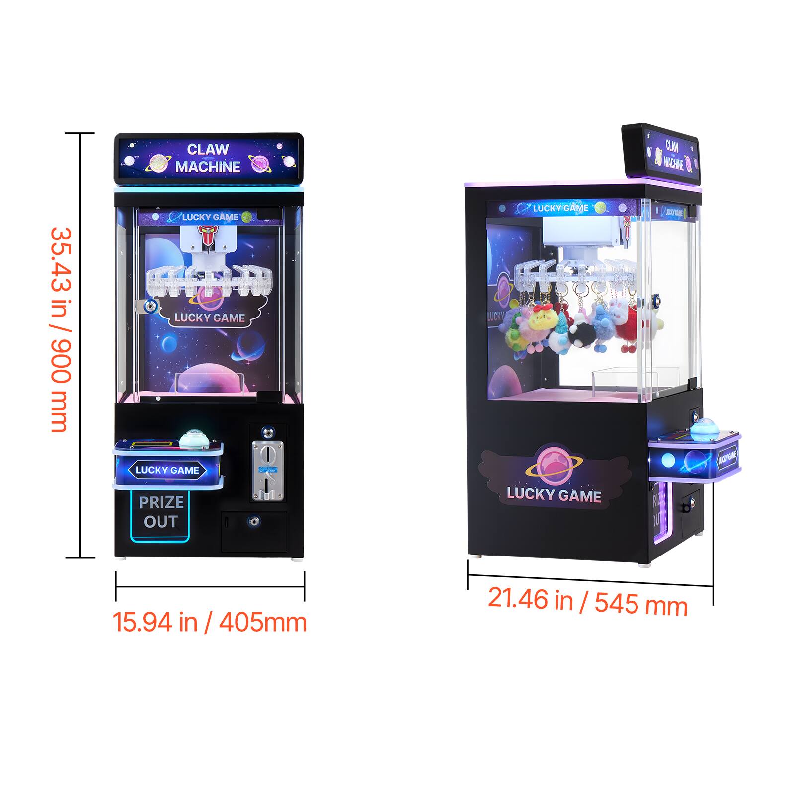 CLAW MACHINE CLAN  
35.43 in / 900 mm  
LUCKY GAME  
15.94 in / 405 mm  
21.46 in / 545 mm