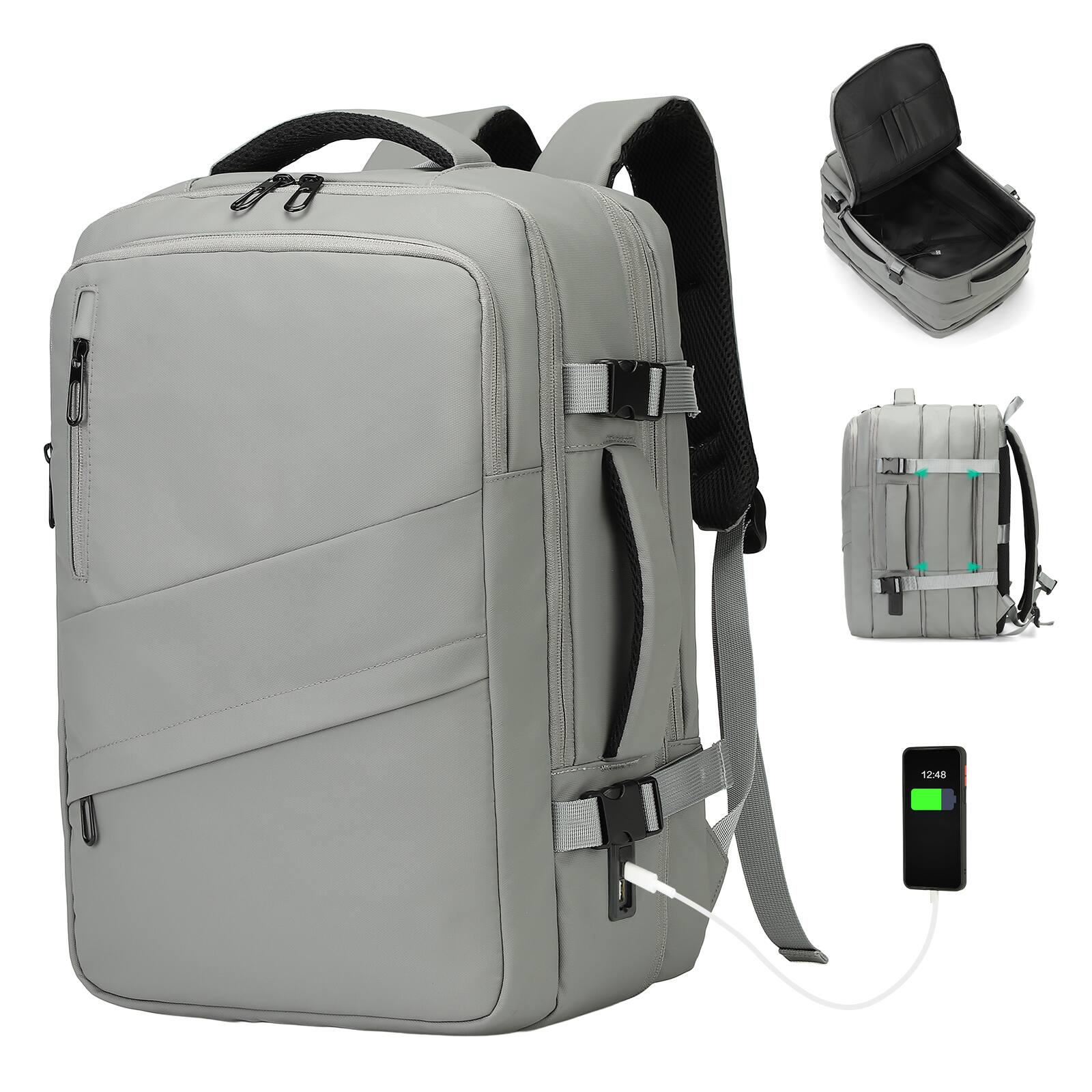 Front. Unique Bargains - Travel Carry on Backpack, 18.9" Flight Approved, Expandable Weekender, Waterproof USB A/C, 18" Suitcase - Gray.