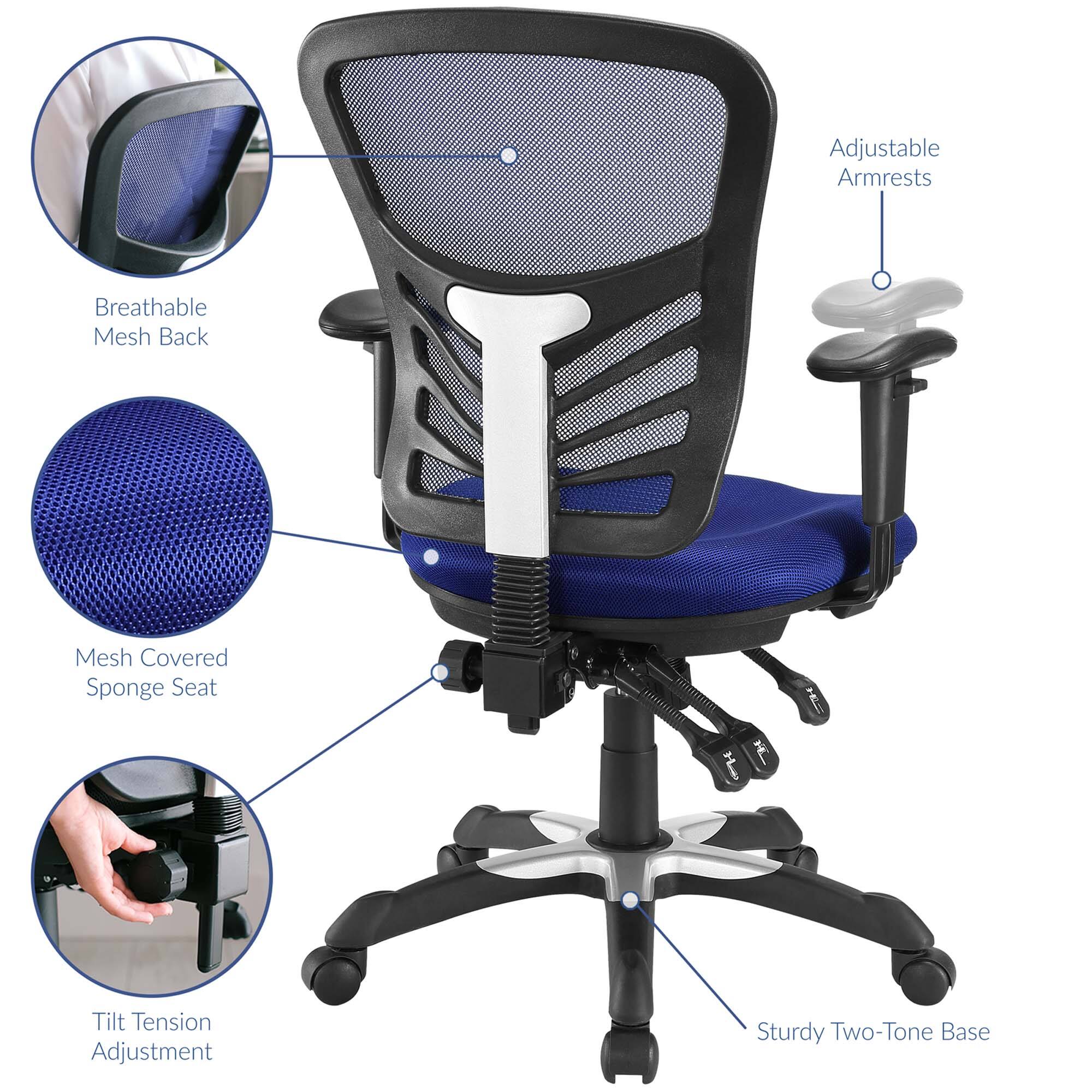 - Adjustable Armrests
- Breathable Mesh Back
- Mesh Covered Sponge Seat
- Tilt Tension Adjustment
- Sturdy Two-Tone Base