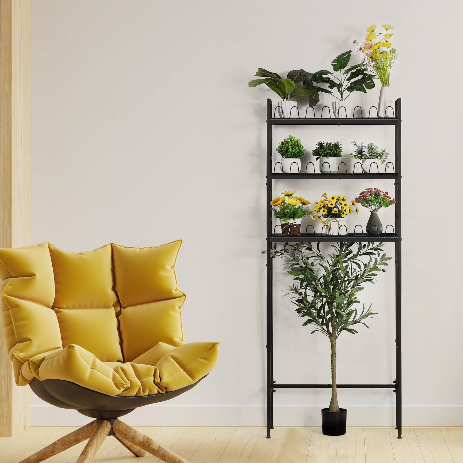 Alt View 3. Oumilen - 3-Tier Over-The-Toilet Storage Shelf, Black Metal and Wood Bathroom Organizer with Anti-Fall Fence and Adjustable Feet - Black.