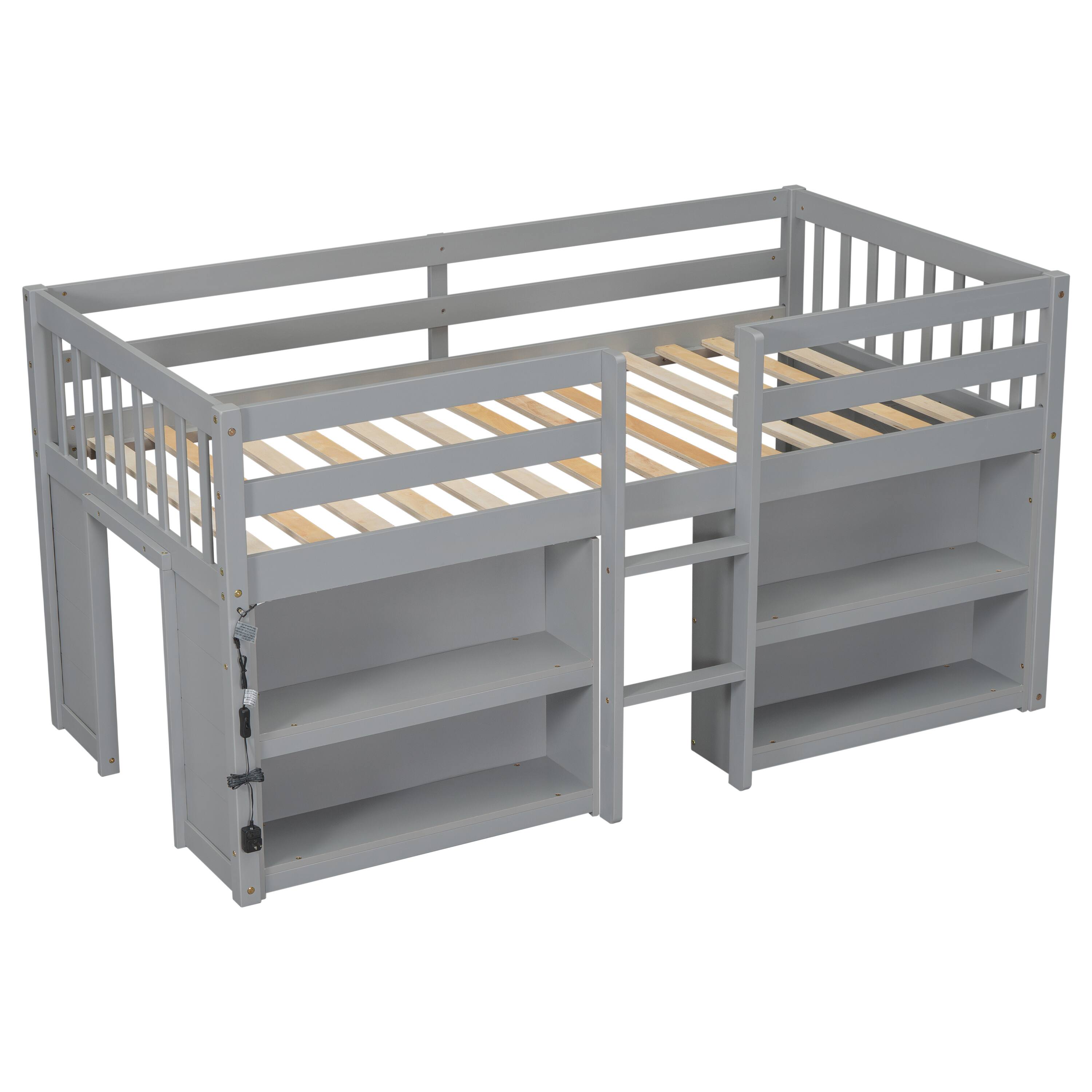 Angle. Spaco - Spaco Twin Low Loft Bed with 2-Tier Shelves and LED Lights, Built-in Stairs, Play Space Under Bed, Solid Wood - Grey.