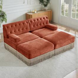 Anysun - Velvet Chesterfield Sofa with 2 Ottomans - Tassel Skirt, Curved Armrests, Wood Base, Free Combo & Easy Assembly - Red