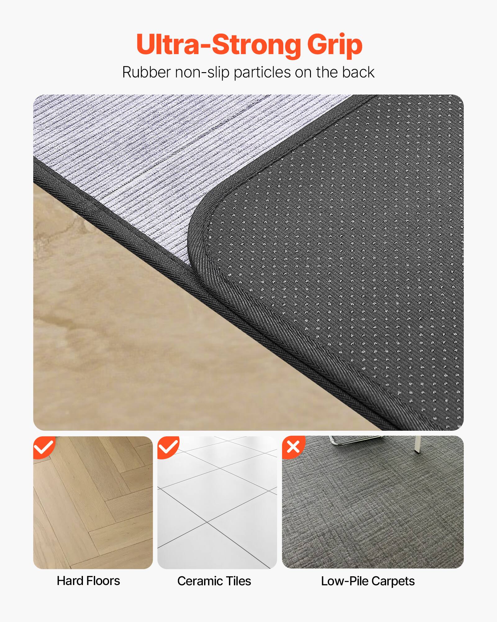 Ultra-Strong Grip  
Rubber non-slip particles on the back  

Hard Floors  
Ceramic Tiles  
Low-Pile Carpets