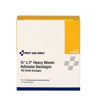 FIRST AID ONLY.

H119 BANDAGES

3/4" x 3" Heavy Woven Adhesive Bandages
100 Sterile Bandages

3/4" x 3" tejido pesado vendas adhesivas
100 vendas estériles