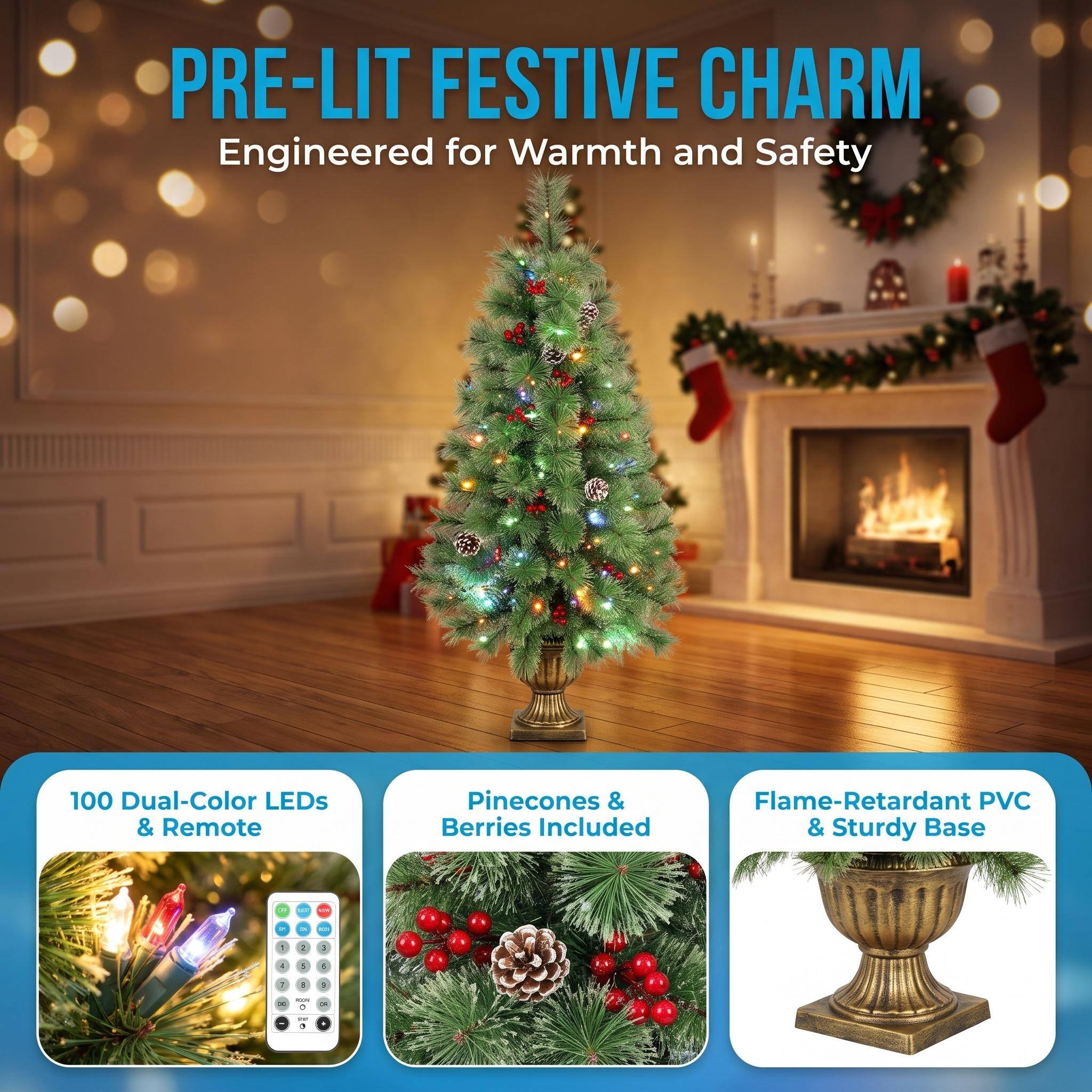 PRE-LIT FESTIVE CHARM  
Engineered for Warmth and Safety  

100 Dual-Color LEDs & Remote  
Pinecones & Berries Included  
Flame-Retardant PVC & Sturdy Base