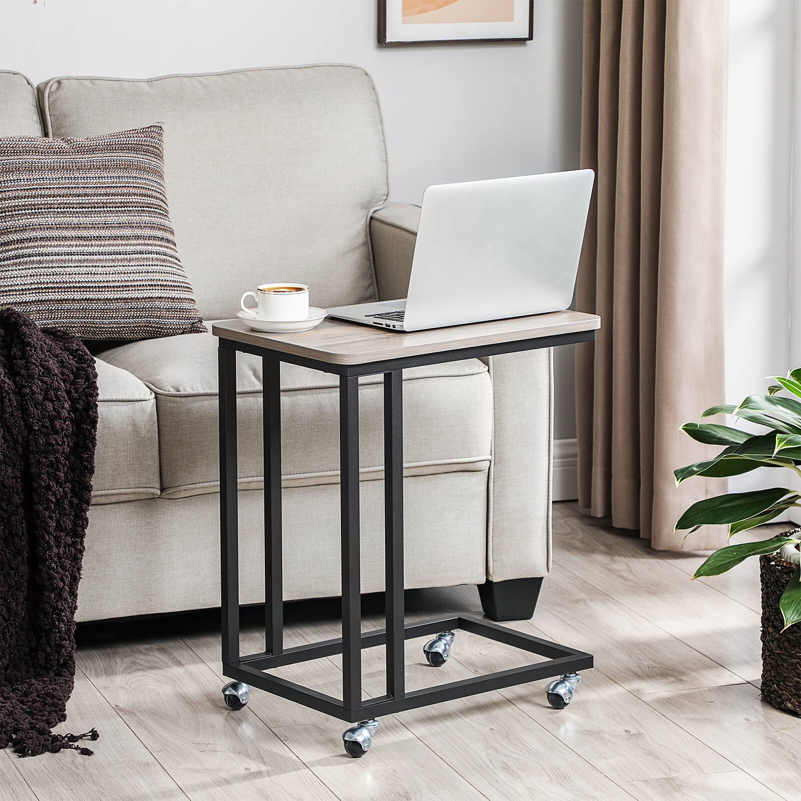 Left. Songmics Home - End Table, Side Table, TV Tray, C Shaped Snack Table with Metal Frame, Rolling Casters,for Living Room, Bedroom - Greige and Black.