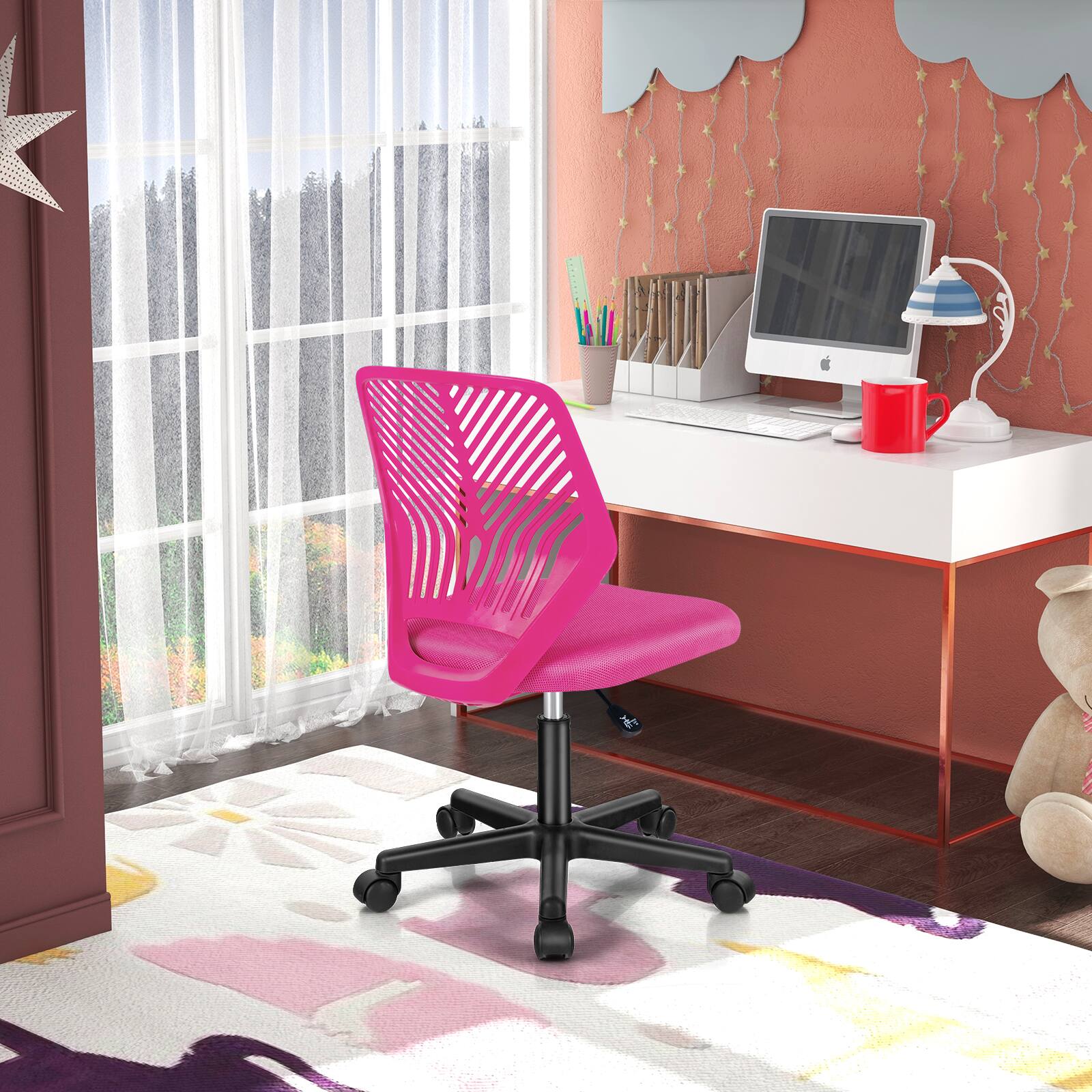 Back. Sugift - Height-adjustable Ergonomic Kids Desk Chair with Universal Casters - Pink.