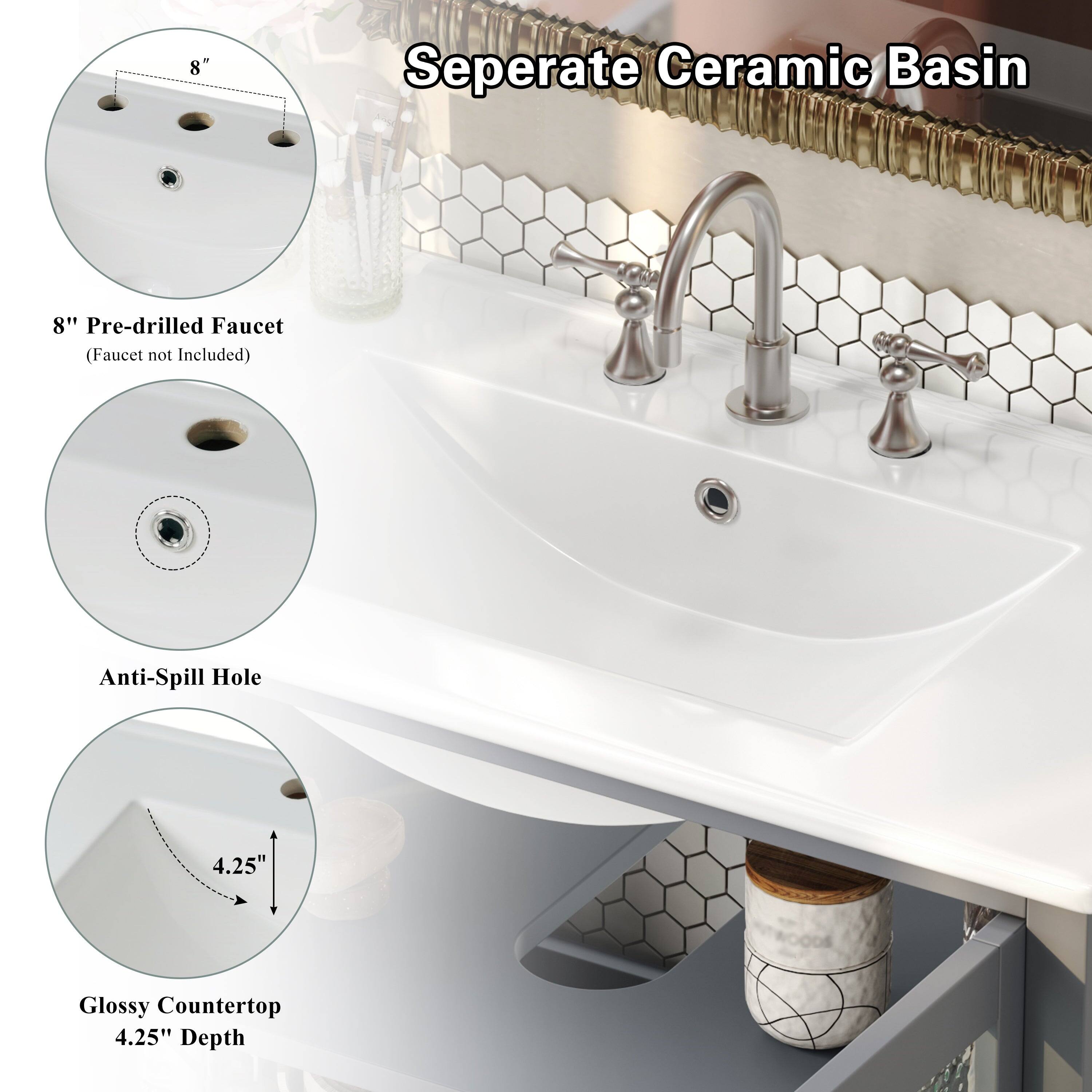 Separate Ceramic Basin

8" Pre-drilled Faucet (Faucet not Included)

Anti-Spill Hole

Glossy Countertop 4.25" Depth