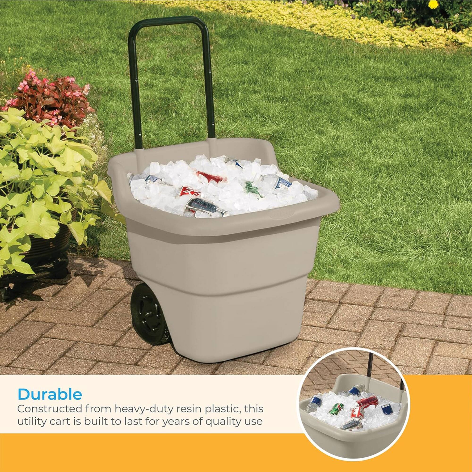 Durable  
Constructed from heavy-duty resin plastic, this utility cart is built to last for years of quality use