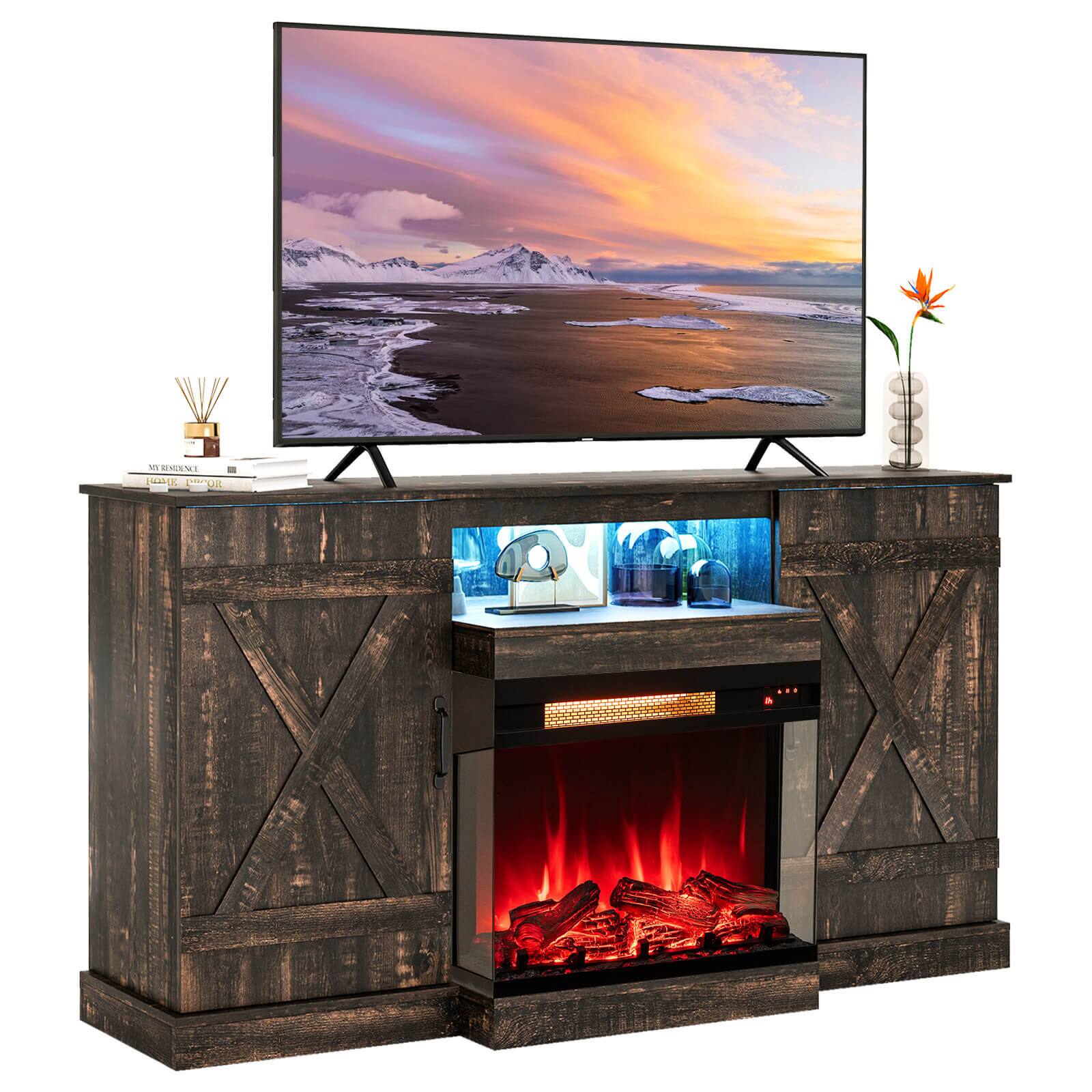 Costway - 58" Fireplace TV stand with 23" 3-side glass electric fireplace 20 color led lights - Brown