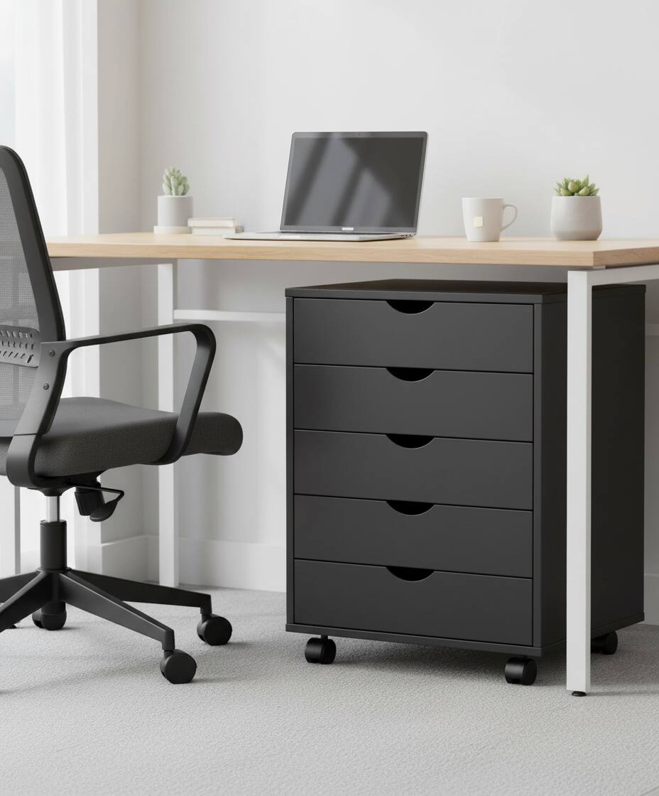 Alt View 4. AOITUN - Dark Black Wood 5-Drawer Chest - Rolling Dresser with Drawers for Bedroom & Office - Black.