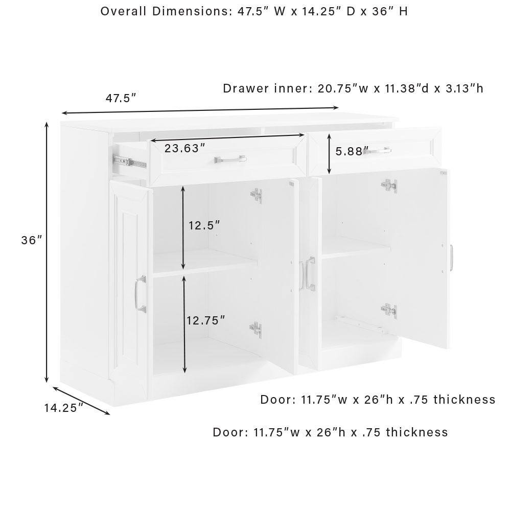 Overall Dimensions: 47.5" W x 14.25" D x 36" H  
Drawer inner: 20.75"w x 11.38"d x 3.13"h  
Door: 11.75"w x 26"h x .75 thickness  
Door: 11.75"w x 26"h x .75 thickness