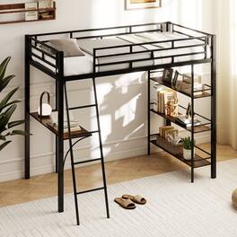 Gymax - Twin Size Loft Bed w/ Desk & Shelves Inclined Ladder & Full-length Guardrails - Rustic Brown, Black