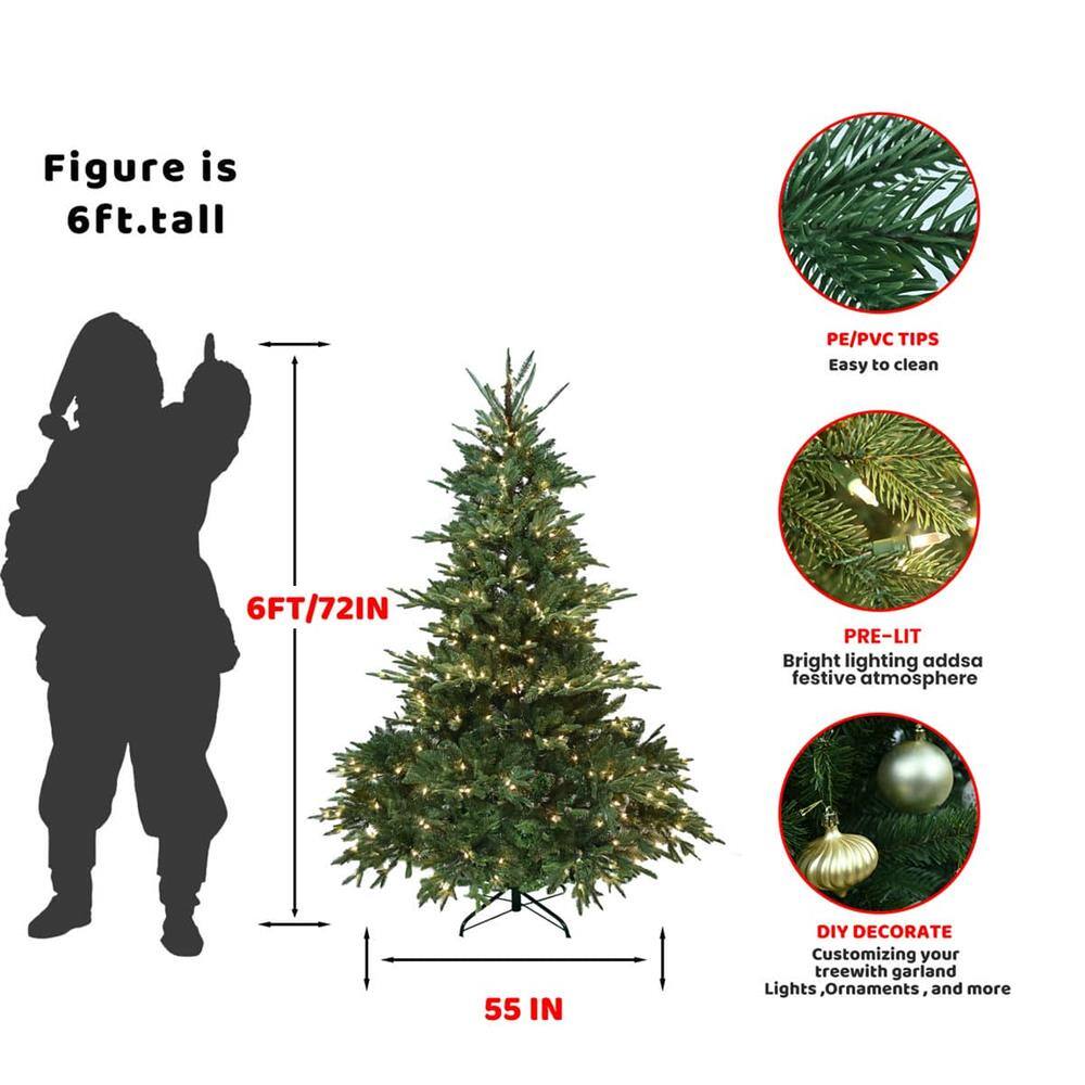 Figure is 6ft. tall  
6FT/72IN  
55 IN  

PE/PVC TIPS  
Easy to clean  

PRE-LIT  
Bright lighting adds a festive atmosphere  

DIY DECORATE  
Customizing your tree with garland, Lights, Ornaments, and more