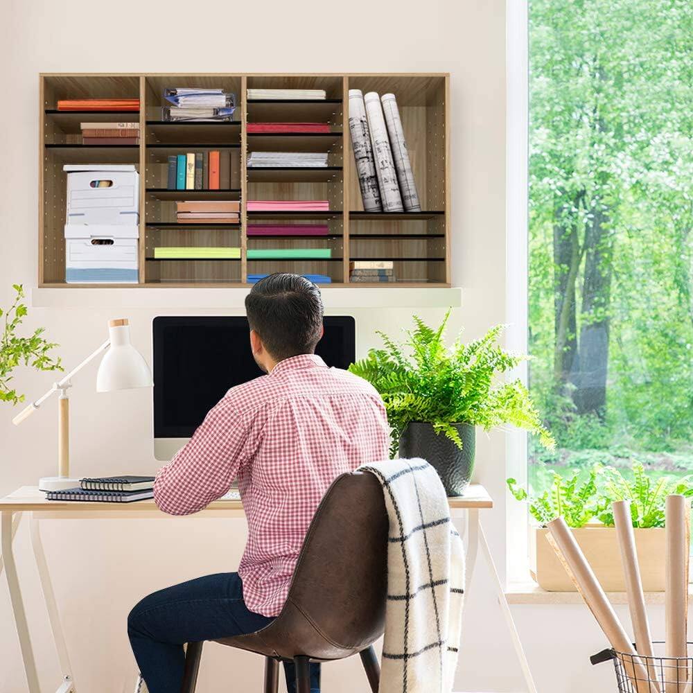 Alt View 7. AdirOffice - Wood Adjustable 36 Compartment Literature File Organizer, 11.8”D x 39.3”W x 23.9”H - Medium Oak.