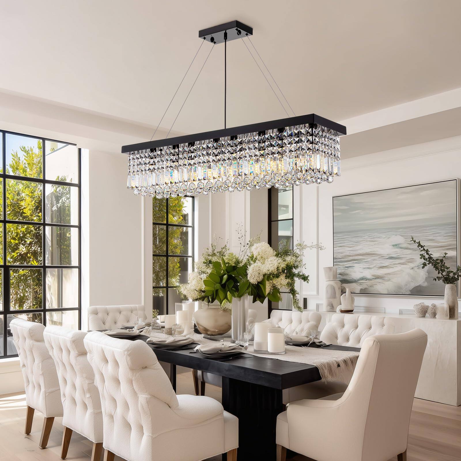 Angle. Siljoy - 39.4" 8-Light Black Rectangular K9 Crystal Pendant, Adjustable Kitchen Island Chandelier for Dining Entryway - Black.