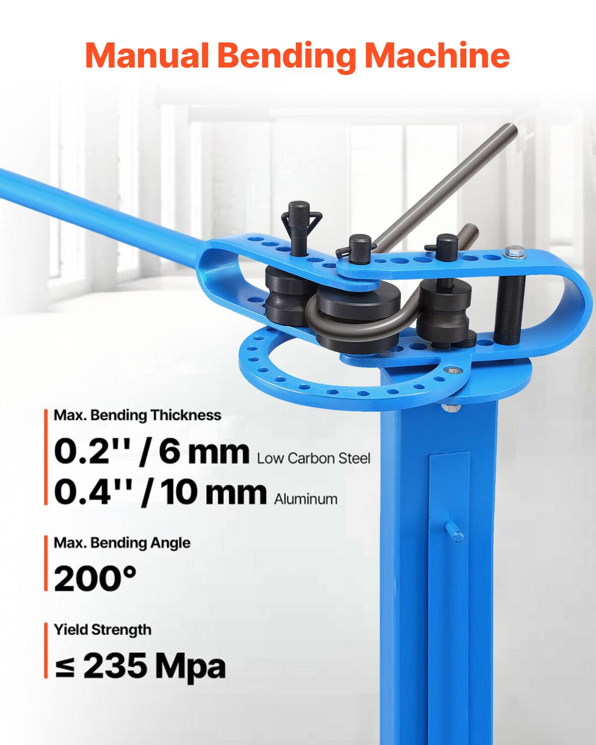 Manual Bending Machine

Max. Bending Thickness  
0.2" / 6 mm Low Carbon Steel  
0.4" / 10 mm Aluminum  

Max. Bending Angle  
200°  

Yield Strength  
≤ 235 Mpa