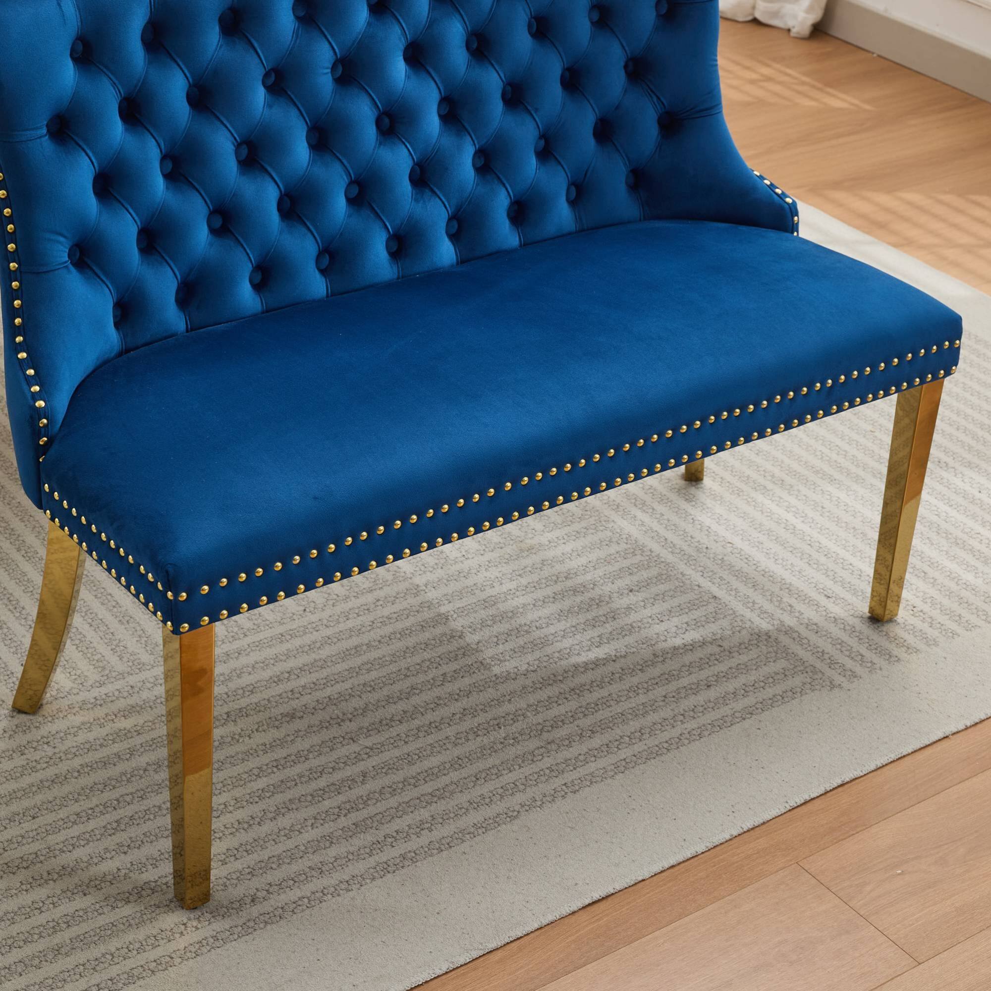 Alt View 6. GOODSILO - Velvet Tufted Double Seater Dining Bench with Gold Accent Legs for Kitchen and Dining Room Seating - Blue.