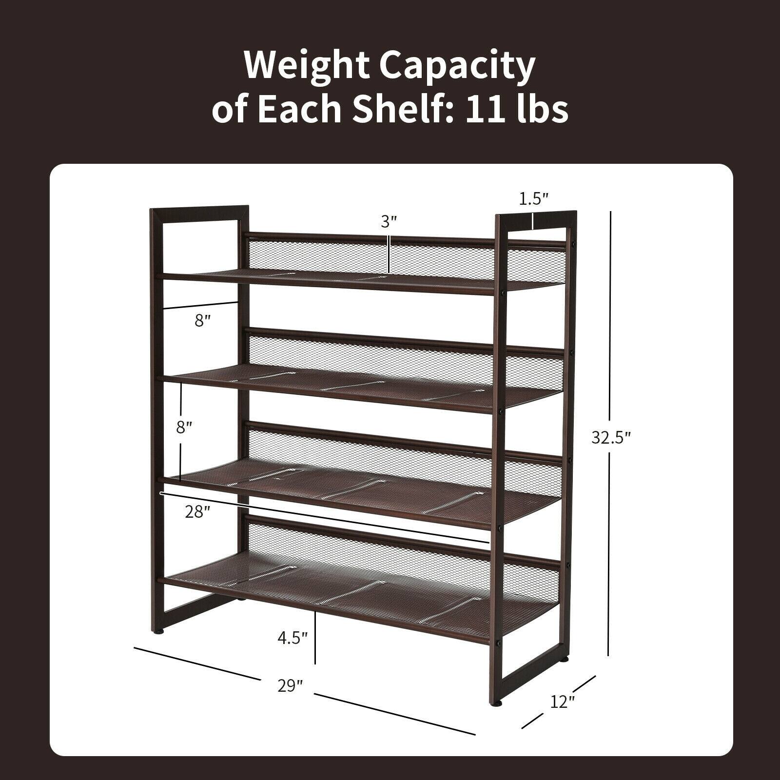 Weight Capacity of Each Shelf: 11 lbs

Dimensions:
- Height: 32.5"
- Width: 29"
- Depth: 12"
- Shelf spacing: 8"
- Shelf thickness: 4.5"
- Side rail thickness: 1.5"