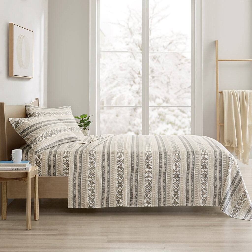 Alt View 1. Gracie Mills - Gracie Mills Persephone Cotton Flannel Sheet Set - Gray/Taupe Nordic.