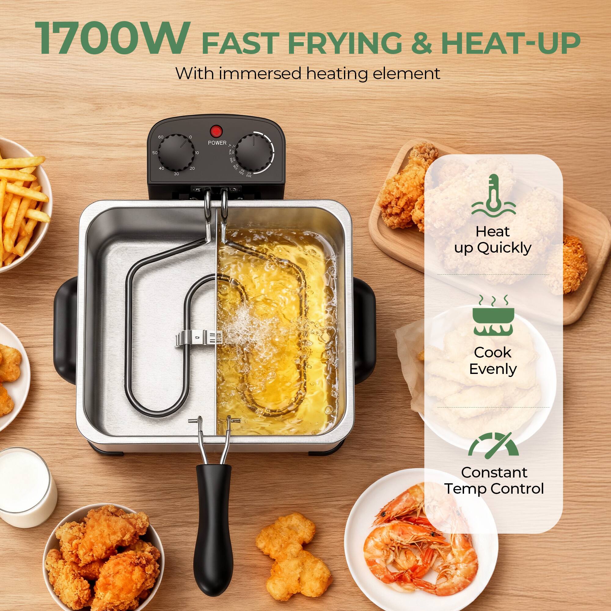 1700W FAST FRYING & HEAT-UP  
With immersed heating element  

- Heat up Quickly  
- Cook Evenly  
- Constant Temp Control