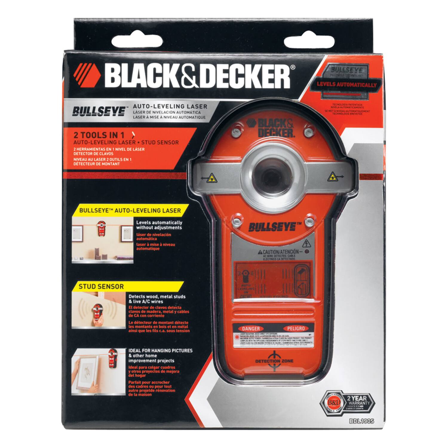 BLACK & DECKER LEVELS AUTOMATICALLY BULLSEYE - AUTO-LEVELING LASER BULLSEYE - LASER DE NIVELACIÓN AUTOMÁTICA - LASER A MISE A NIVEAU AUTOMATIQUE BLACK&DECKER. AUTO-LEVELING LASER STUD SENSOR 2 TOOLS IN 1 DECKER. AUTO-LEVELING LASER Levels automatically without adjustments lser de nivelación automática laser A mise A niveau automatique BULLSEYE AUTO-LEVELING LASER Levels automatically without adjustments lser de nivelación automática laser A mise A niveau automatique BULLSEYE a CAUTION/ATENCIÓN - DETECTION/ATTENTION - A COA MOLE STUD SENSOR Detects wood, metal studs & live A/C wires 11 delector de clavos delecta claves de madera metal 1 cables de CA T corriente Le detecteur de montant détecte les montants en bois en métal - qve les Iis 1 bows tension DANGER III PELIGRO IDEAL FOR HANGING PICTURES & other home improvement projects ideal para colgar cuadres 1 adres proyectes de mejora des hog