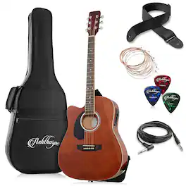 Ashthorpe - 41-in Left-Hand Dreadnought Cutaway Acoustic-Electric Guitar Bundle - Brown