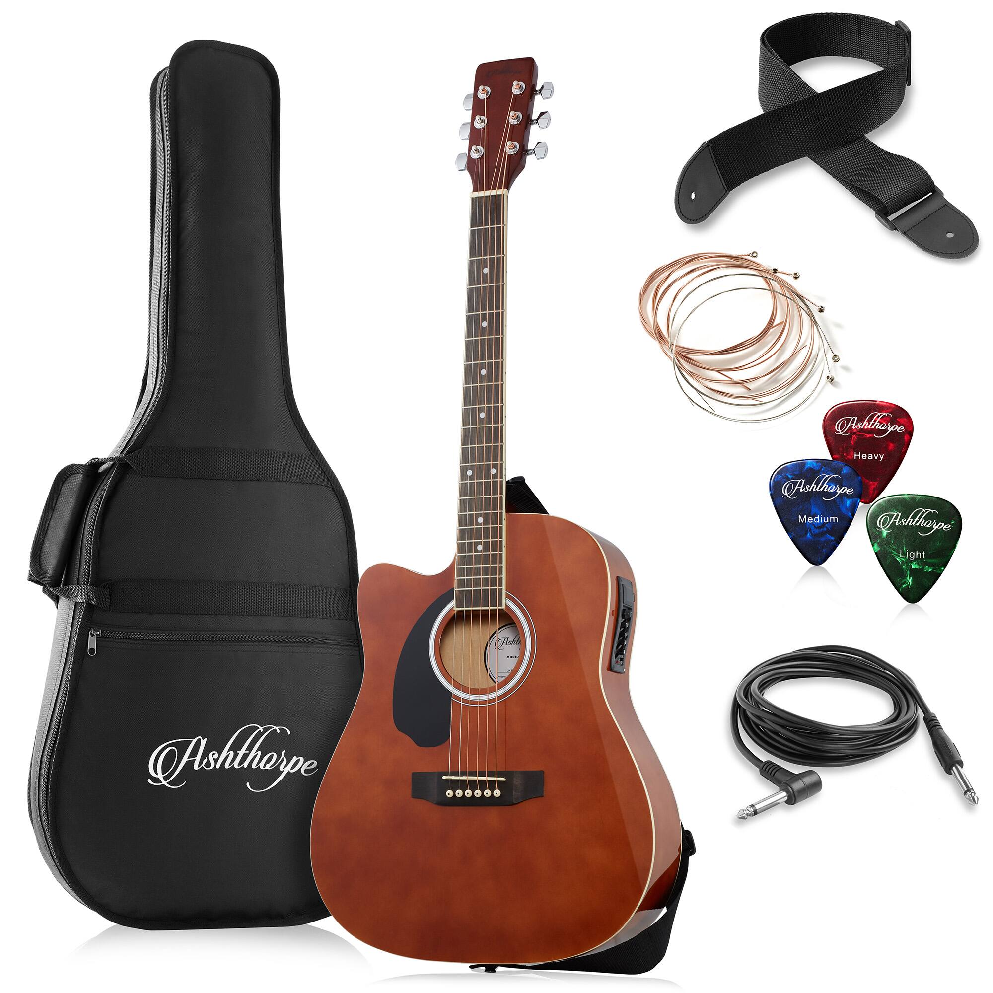 Ashthorpe - 41-in Left-Hand Dreadnought Cutaway Acoustic-Electric Guitar Bundle - Brown