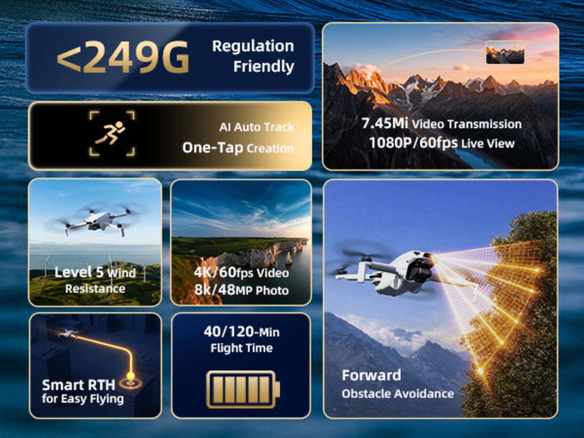 - Regulation Friendly
- <249G
- AI Auto Track One-Tap Creation
- 7.45Mi Video Transmission
- 1080P/60fps Live View
- Level 5 Wind Resistance
- 4K/60fps Video
- 8k/48MP Photo
- 40/120-Min Flight Time
- Smart RTH for Easy Flying
- Forward Obstacle Avoidance