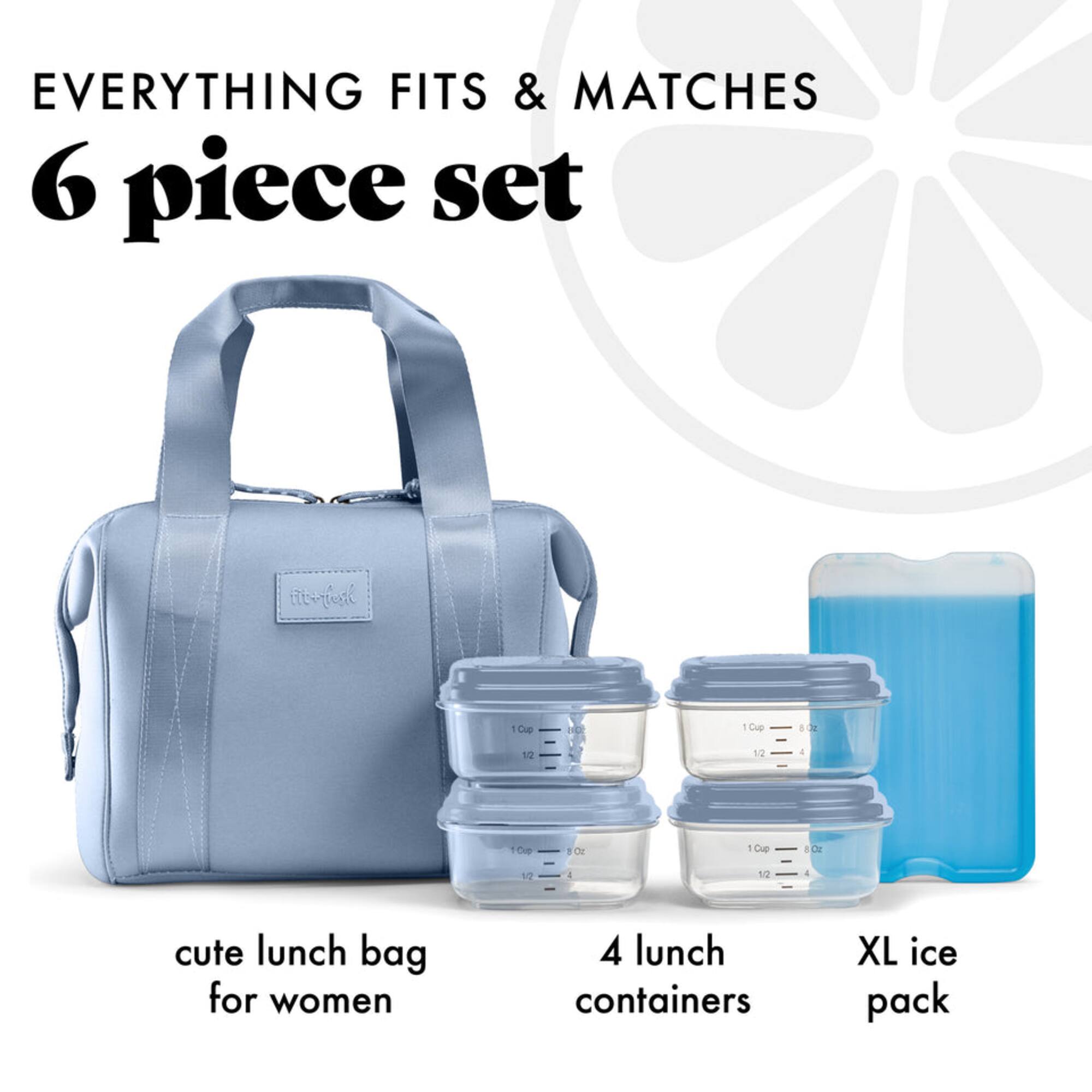 EVERYTHING FITS & MATCHES  
6 piece set  

- cute lunch bag for women  
- 4 lunch containers  
- XL ice pack