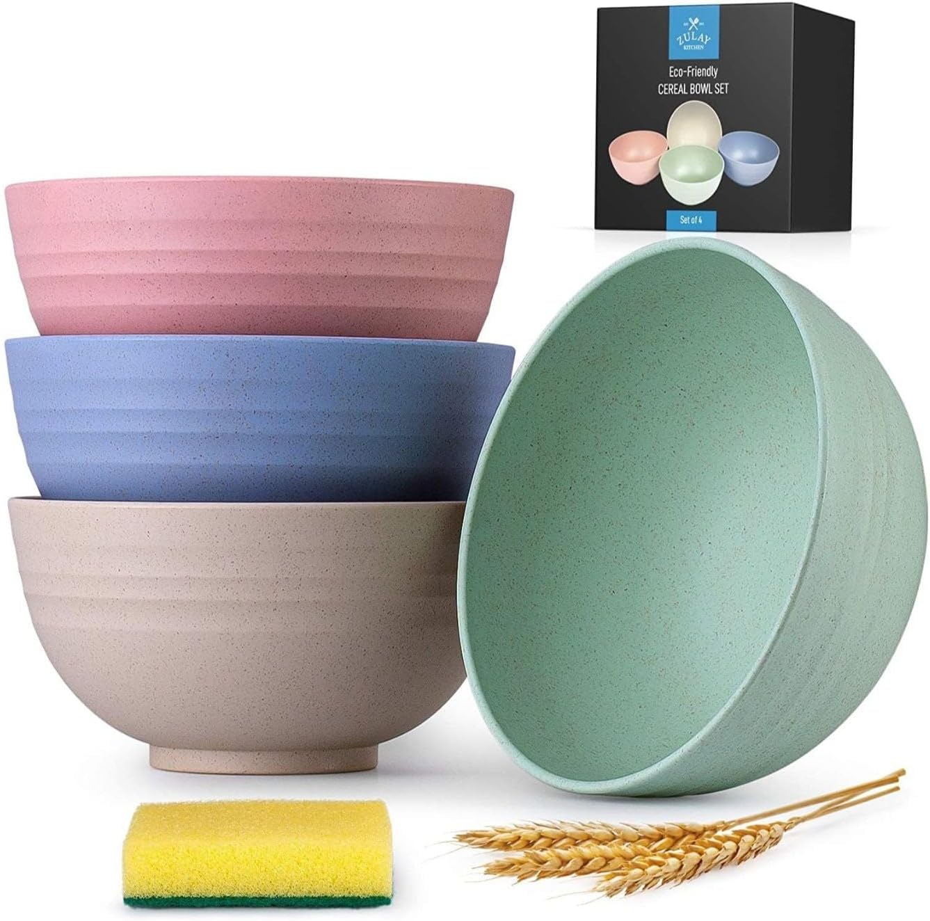 Zulay Kitchen - 24oz Unbreakable Wheat Straw Plastic Cereal Bowls Set of 4 - Multicolor
