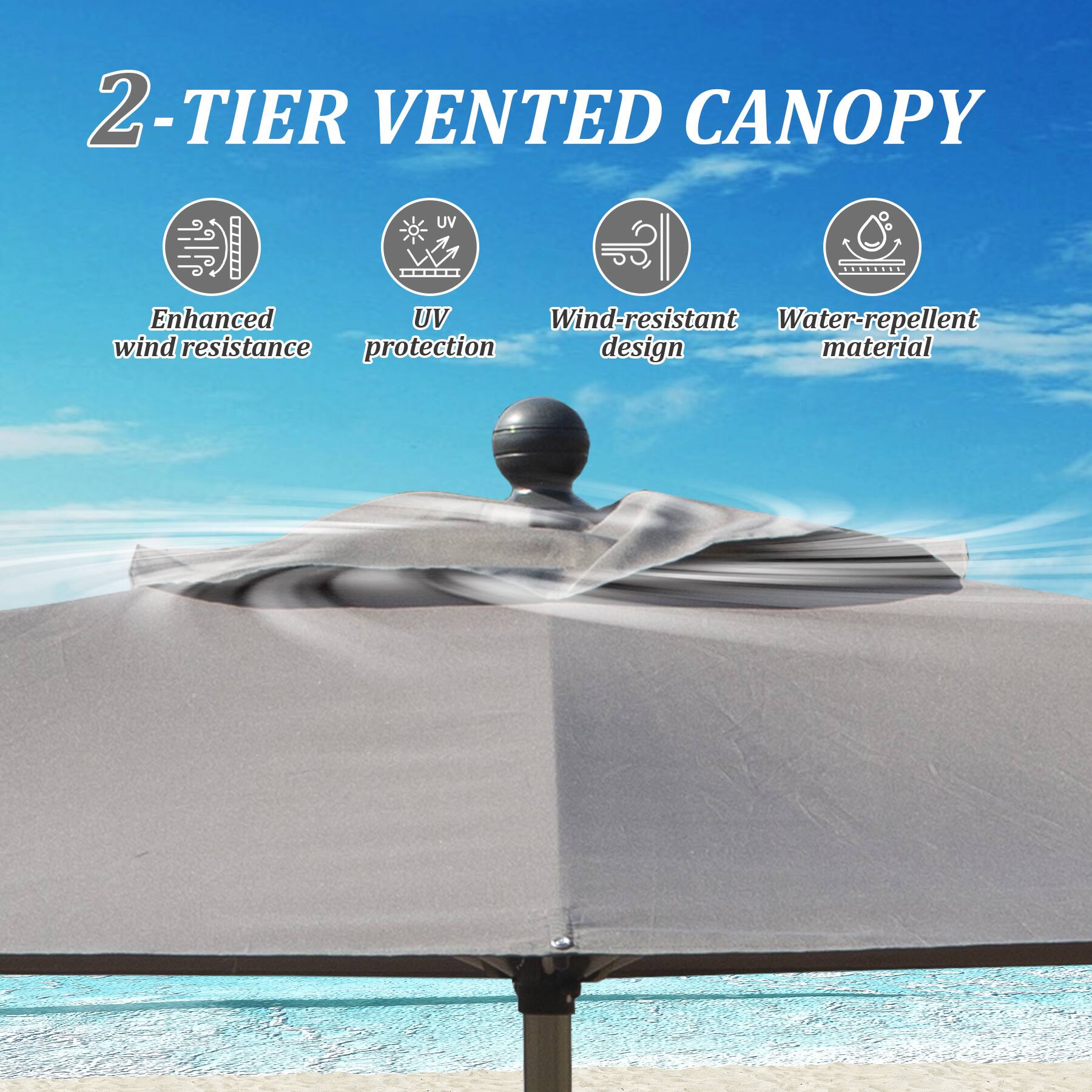 2-TIER VENTED CANOPY

- Enhanced wind resistance
- UV protection
- Wind-resistant design
- Water-repellent material