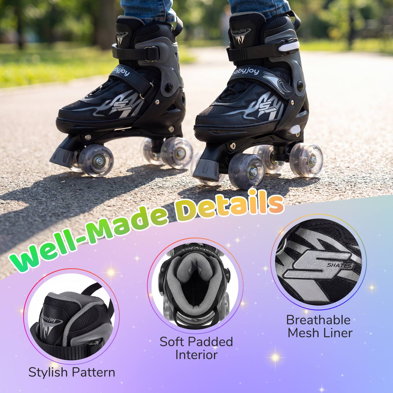 Ao babyjoy cyjoy labyjoy  
Dot Details  
Well-Made SHATES  
byjay  
Breathable Mesh Liner  
Soft Padded Interior  
Stylish Pattern