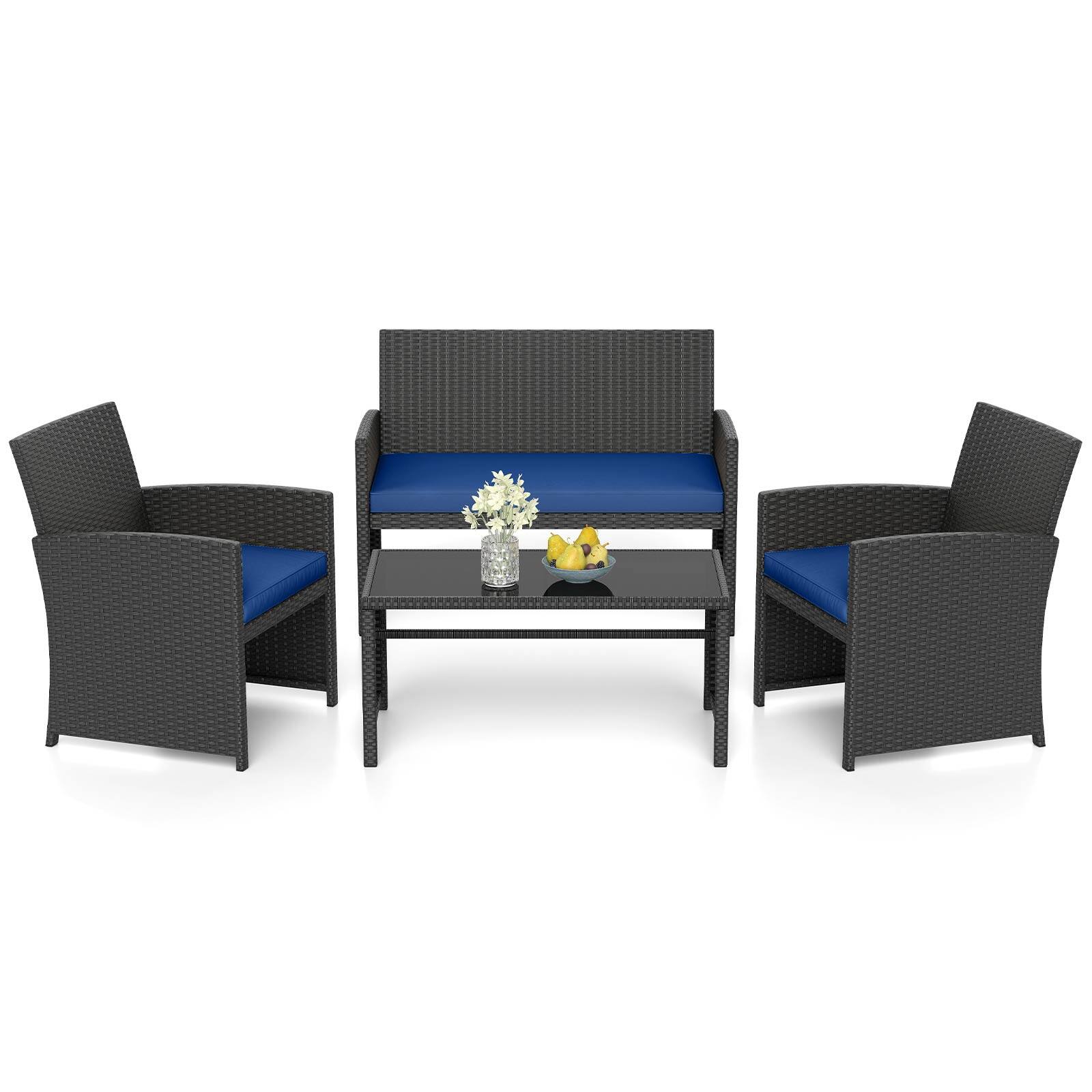 Alt View 9. Gymax - Gymax Set of 4 Patio Conversation Set w/Seat Cushions & Tempered Glass Tabletop Porch Outdoor - Navy.