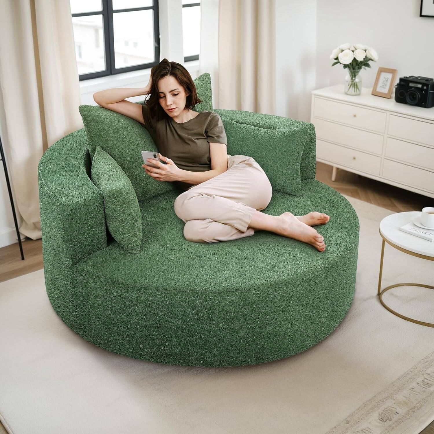 Alt View 2. Trinkets Crazed - Oversized Round Swivel Barrel Chair, Large Upholstered Accent Sofa Chair with 3 Pillow - green.