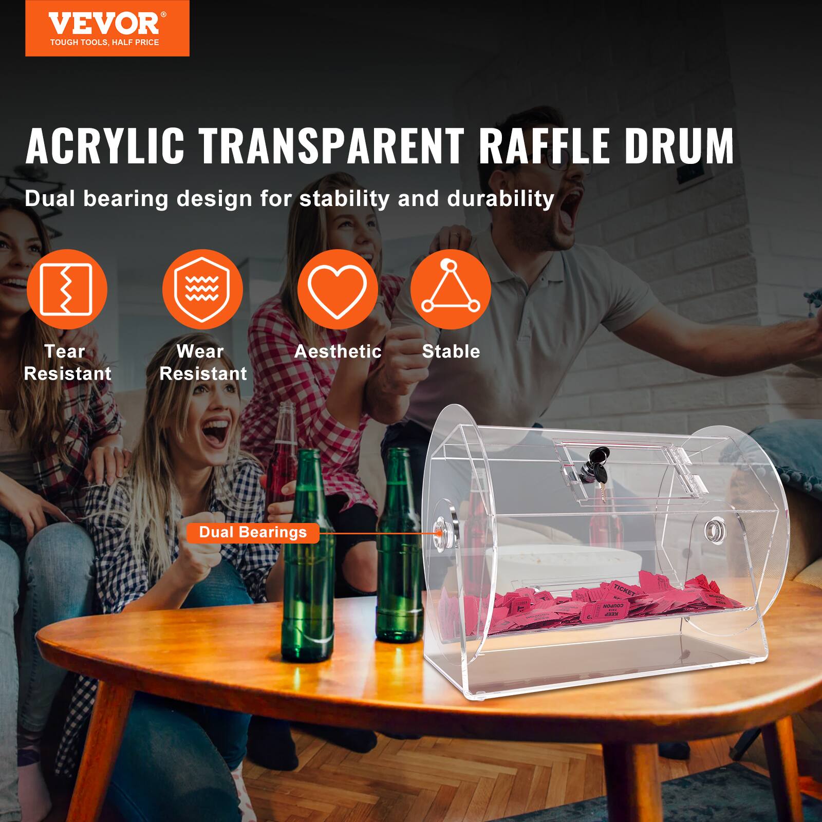 VEVOR TOUGH TOOLS HALF PRICE ACRYLIC TRANSPARENT RAFFLE DRUM

Dual bearing design for stability and durability

Tear Resistant
Wear Resistant
Aesthetic
Stable

Dual Bearings