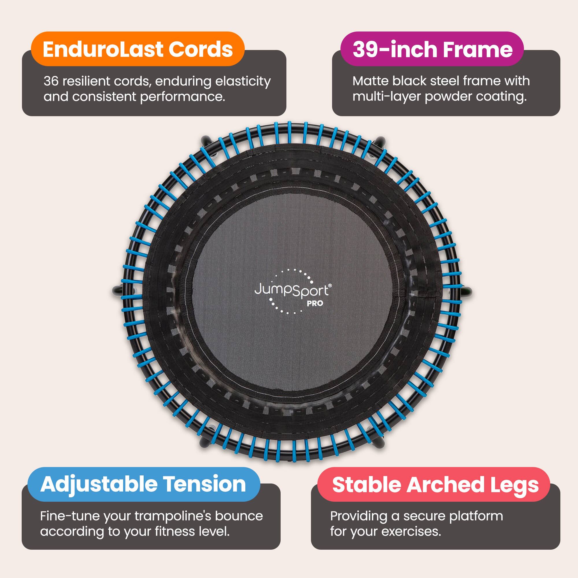 EnduroLast Cords  
36 resilient cords, enduring elasticity and consistent performance.

39-inch Frame  
Matte black steel frame with multi-layer powder coating.

Adjustable Tension  
Fine-tune your trampoline's bounce according to your fitness level.

Stable Arched Legs  
Providing a secure platform for your exercises.