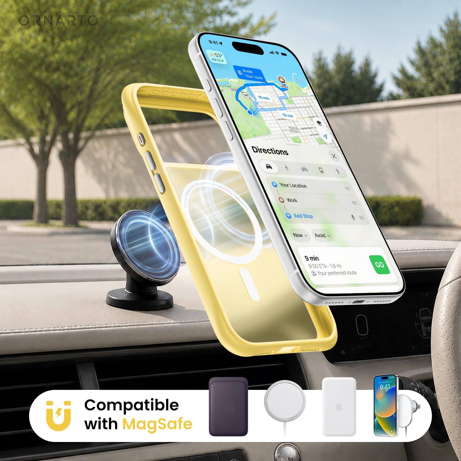 ORNARTO

9:41
53°F
Aug 22

Feld
min Your route
Work
10 min
10 min

Directions
X

CIRHARTO
Your Location Work Add Stop
Now
Avoid

9 min 9:50 ETA 1.8 mi  Your preferred route
GO

Compatible with MagSafe