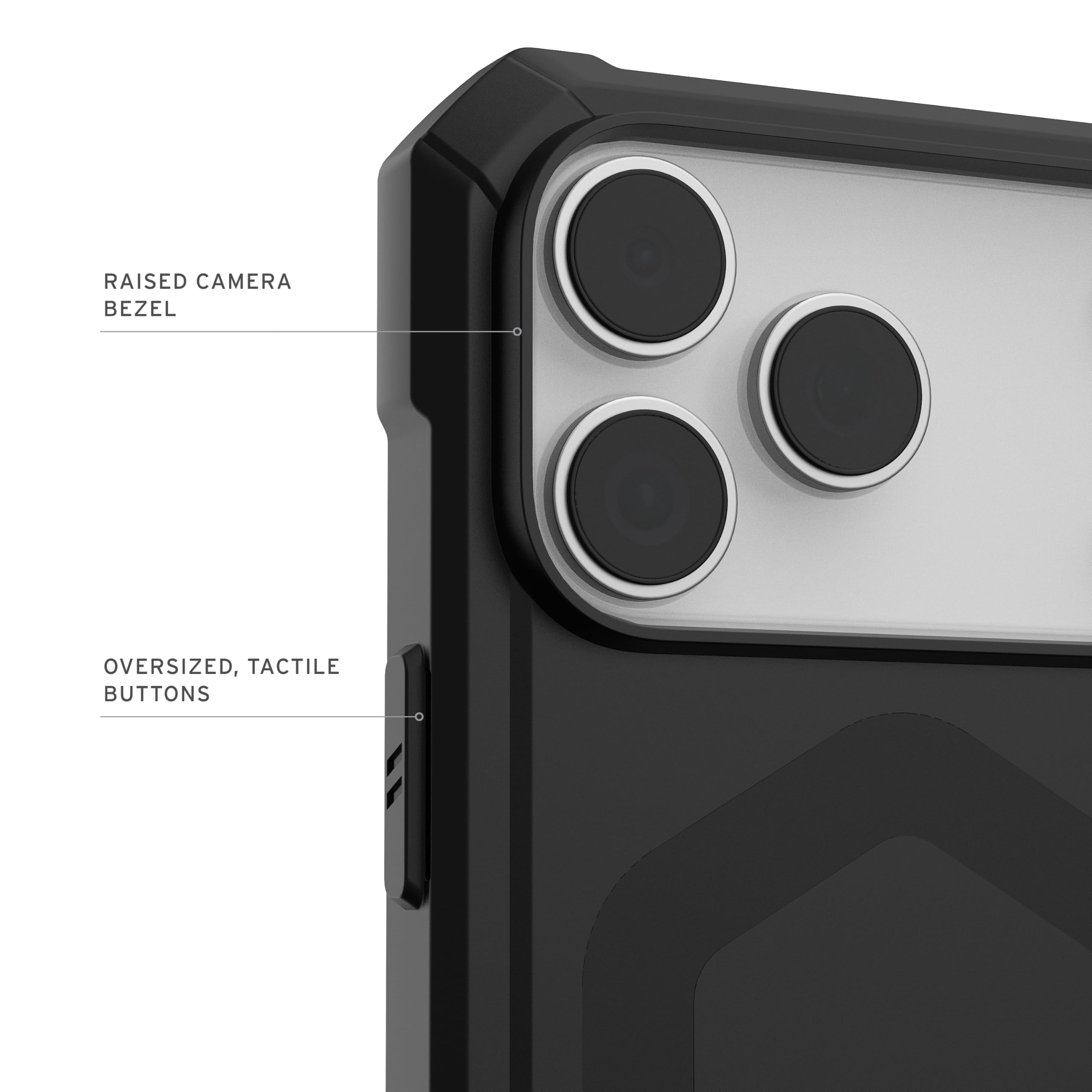 RAISED CAMERA BEZEL  
OVERSIZED, TACTILE BUTTONS