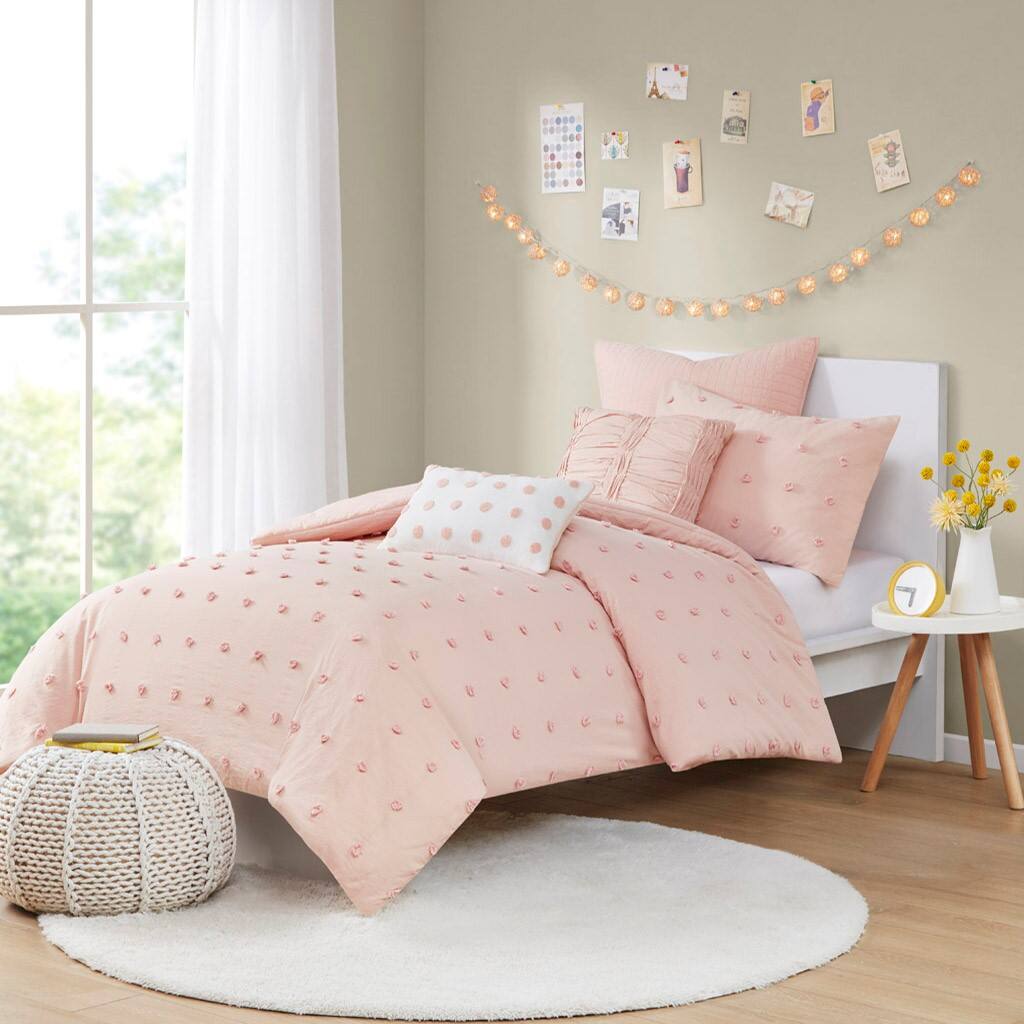 Alt View 4. Gracie Mills - Gracie Mills Mikel Chenille Dot Cotton Jacquard Comforter Set with Euro Shams and Throw Pillows - Pink.